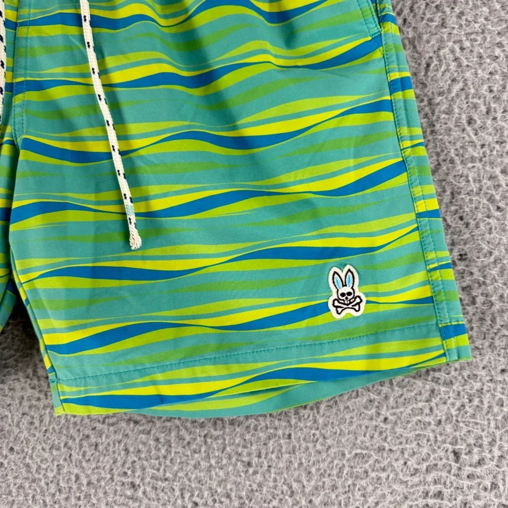 Psycho Bunny Swim Trunks Mens Medium Green Wavy Stripe Drawstring Shorts‎